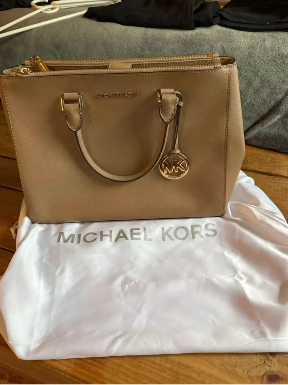 Michael Kors Beige Saffiano Leather Shoulder Satchel with Gold Hardware